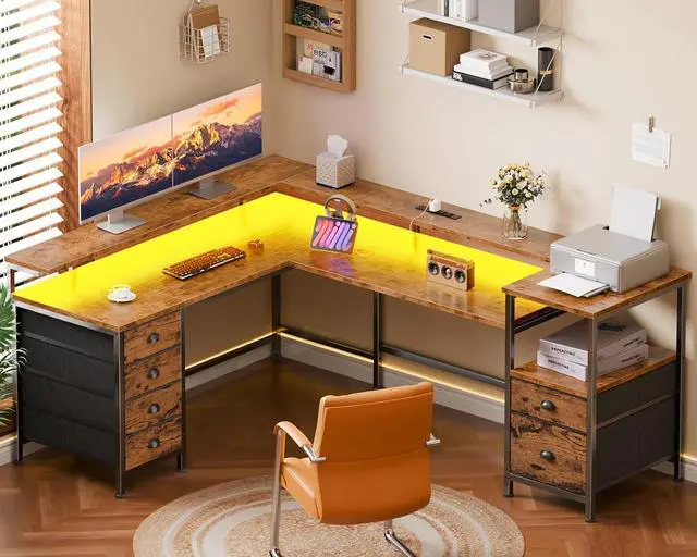 Alt view image 5 of 8 - 95" Two Person Computer Gaming Desk, Long 2 Person Home Office Desk with 6 Drawers & Storage Shelves, Double Table with Power Outlets, LED Lights and Full Monitor Shelf, Rustic Brown