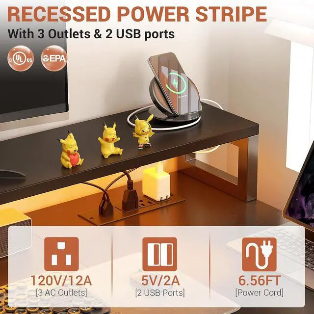 Alt view image 7 of 7 - L Shaped Desk with Power Outlet, Reversible L Shaped Computer Desk with File Drawer & Monitor Stand, Gaming Desks with LED Strip, Home Office Desks with Storage Shelf,1Black
