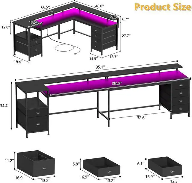 Alt view image 2 of 7 - 95" Two Person Computer Gaming Desk, Long 2 Person Home Office Desk with 6 Drawers & Storage Shelves, Double Table with Power Outlets, LED Lights and Full Monitor Shelf, Black