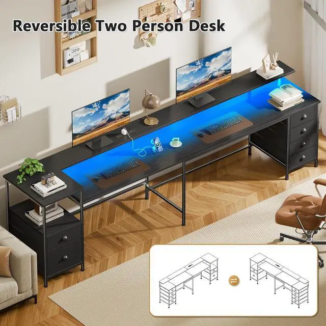 Alt view image 3 of 7 - 95" Two Person Computer Gaming Desk, Long 2 Person Home Office Desk with 6 Drawers & Storage Shelves, Double Table with Power Outlets, LED Lights and Full Monitor Shelf, Black