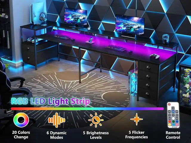 Alt view image 4 of 7 - 95" Two Person Computer Gaming Desk, Long 2 Person Home Office Desk with 6 Drawers & Storage Shelves, Double Table with Power Outlets, LED Lights and Full Monitor Shelf, Black