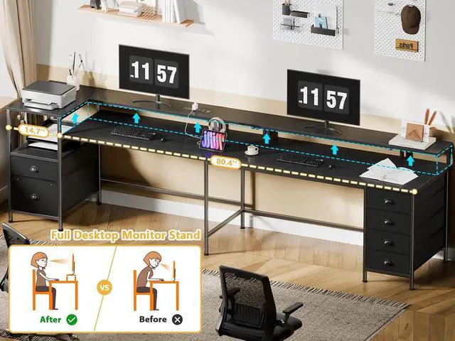 Alt view image 7 of 7 - 95" Two Person Computer Gaming Desk, Long 2 Person Home Office Desk with 6 Drawers & Storage Shelves, Double Table with Power Outlets, LED Lights and Full Monitor Shelf, Black
