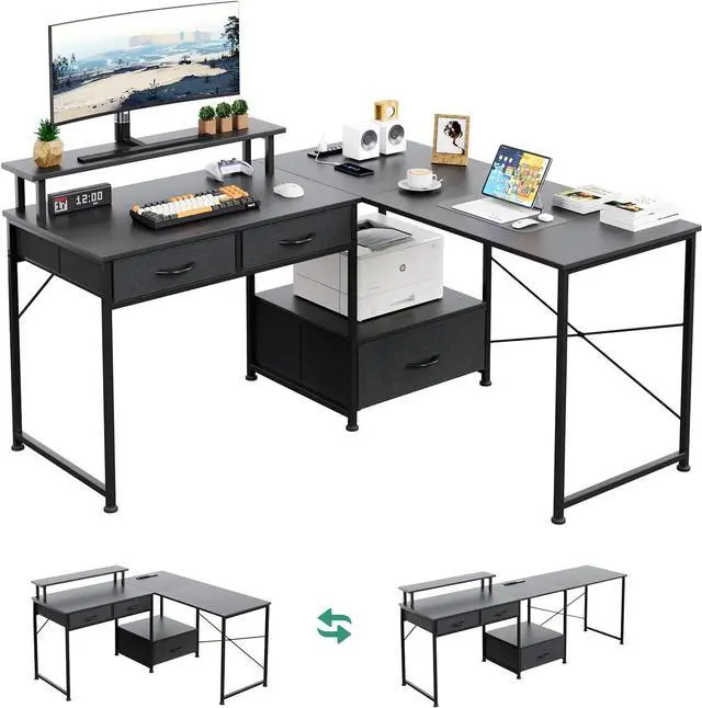 Main image of L Shaped Computer Desk, 78.7" Reversible Home Office Desk with Printer Storage Shelf & 3 Fabric Drawers, Two Person Desk with LED Lights & Power Outlet, Corner Gaming Desk with Monitor Shelf, Black