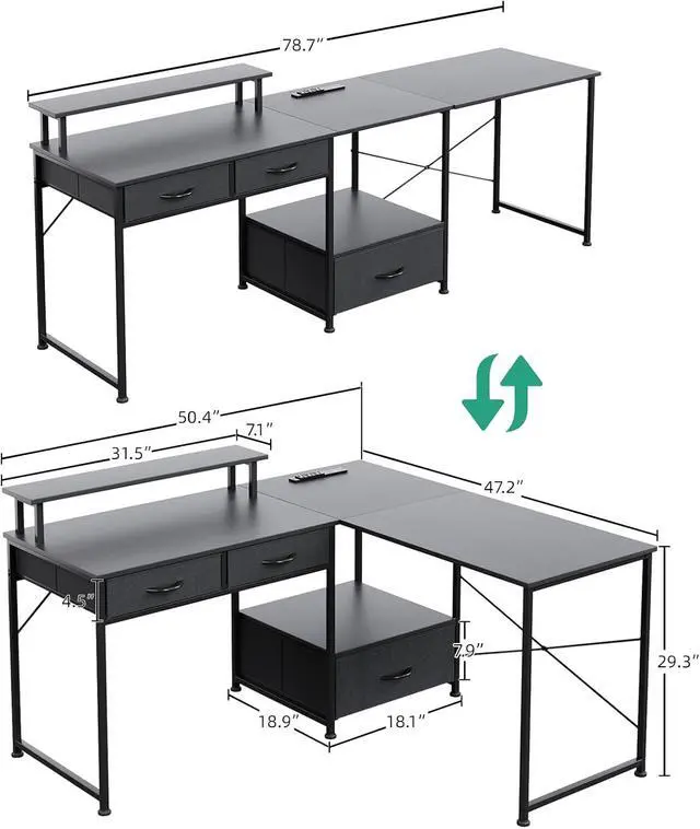 Alt view image 3 of 7 - L Shaped Computer Desk, 78.7" Reversible Home Office Desk with Printer Storage Shelf & 3 Fabric Drawers, Two Person Desk with LED Lights & Power Outlet, Corner Gaming Desk with Monitor Shelf, Black