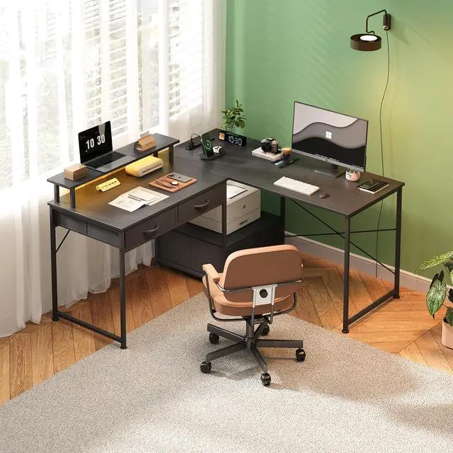 Alt view image 2 of 7 - L Shaped Computer Desk, 78.7" Reversible Home Office Desk with Printer Storage Shelf & 3 Fabric Drawers, Two Person Desk with LED Lights & Power Outlet, Corner Gaming Desk with Monitor Shelf, Black