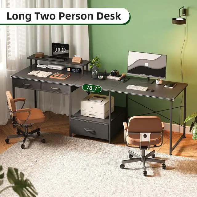 Alt view image 4 of 7 - L Shaped Computer Desk, 78.7" Reversible Home Office Desk with Printer Storage Shelf & 3 Fabric Drawers, Two Person Desk with LED Lights & Power Outlet, Corner Gaming Desk with Monitor Shelf, Black