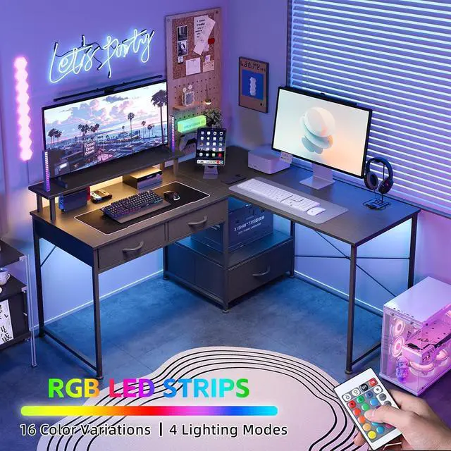 Alt view image 5 of 7 - L Shaped Computer Desk, 78.7" Reversible Home Office Desk with Printer Storage Shelf & 3 Fabric Drawers, Two Person Desk with LED Lights & Power Outlet, Corner Gaming Desk with Monitor Shelf, Black