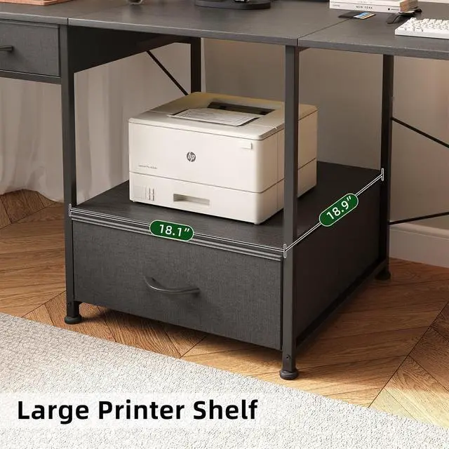 Alt view image 7 of 7 - L Shaped Computer Desk, 78.7" Reversible Home Office Desk with Printer Storage Shelf & 3 Fabric Drawers, Two Person Desk with LED Lights & Power Outlet, Corner Gaming Desk with Monitor Shelf, Black