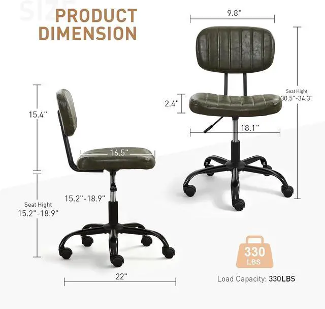 Alt view image 2 of 7 - Small Home Office Desk Chair with Wheels, Armless Comfy Vanity Chair Swivel Computer Task Chair No Arms, Modern Height Adjustable Low Back Rolling Chair for Small Space (PU Leather Green)