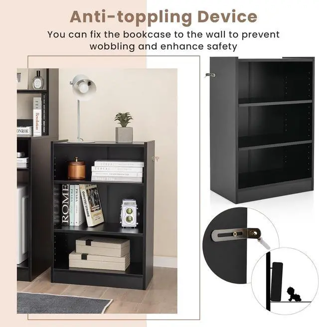 Alt view image 7 of 7 - 3-Tier Open Bookcase Set of 2, Modern 3-Cube Bookshelf with 18-Position Adjustable Shelves & Anti-toppling Devices, Multipurpose Cubical Display Storage Organizer for Living Room Study (2, Black)