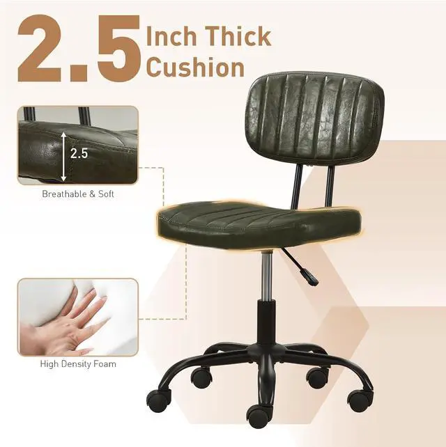 Alt view image 3 of 7 - Small Home Office Desk Chair with Wheels, Armless Comfy Vanity Chair Swivel Computer Task Chair No Arms, Modern Height Adjustable Low Back Rolling Chair for Small Space (PU Leather Green)