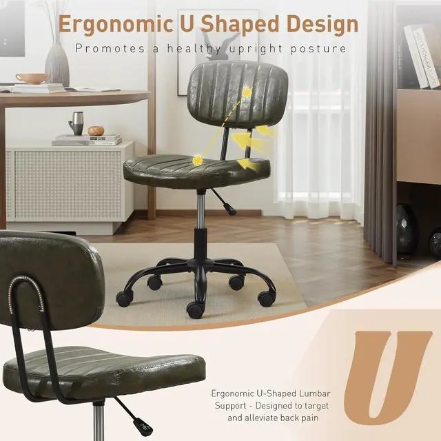 Alt view image 4 of 7 - Small Home Office Desk Chair with Wheels, Armless Comfy Vanity Chair Swivel Computer Task Chair No Arms, Modern Height Adjustable Low Back Rolling Chair for Small Space (PU Leather Green)