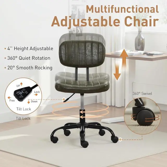 Alt view image 5 of 7 - Small Home Office Desk Chair with Wheels, Armless Comfy Vanity Chair Swivel Computer Task Chair No Arms, Modern Height Adjustable Low Back Rolling Chair for Small Space (PU Leather Green)