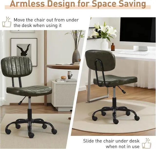 Alt view image 6 of 7 - Small Home Office Desk Chair with Wheels, Armless Comfy Vanity Chair Swivel Computer Task Chair No Arms, Modern Height Adjustable Low Back Rolling Chair for Small Space (PU Leather Green)