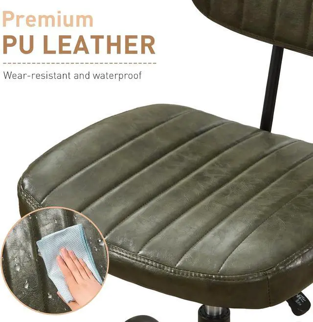 Alt view image 7 of 7 - Small Home Office Desk Chair with Wheels, Armless Comfy Vanity Chair Swivel Computer Task Chair No Arms, Modern Height Adjustable Low Back Rolling Chair for Small Space (PU Leather Green)