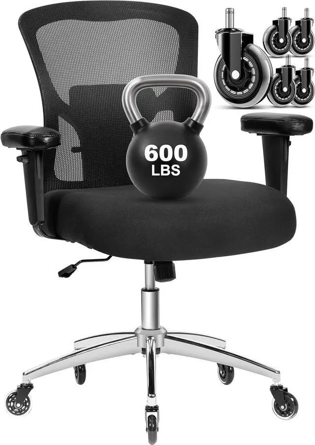 Main image of Big and Tall Office Chair 600lbs, Heavy Duty Ergonomic Mesh Chair, Computer Executive Desk Chair with Wide Thick Seat, Adjustable Armrests, Lumbar Support (Black, 601LBS) (Black, 600LBS)