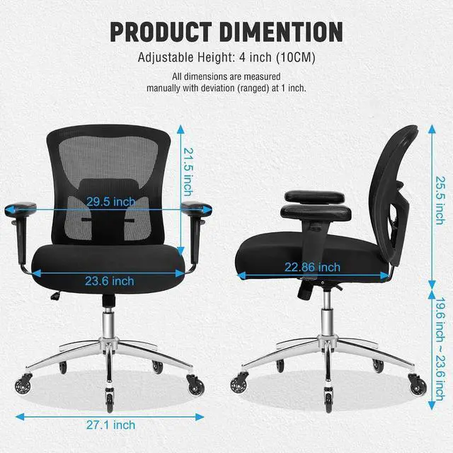 Alt view image 3 of 7 - Big and Tall Office Chair 600lbs, Heavy Duty Ergonomic Mesh Chair, Computer Executive Desk Chair with Wide Thick Seat, Adjustable Armrests, Lumbar Support (Black, 601LBS) (Black, 600LBS)