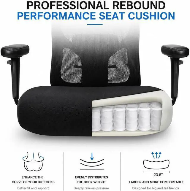 Alt view image 6 of 7 - Big and Tall Office Chair 600lbs, Heavy Duty Ergonomic Mesh Chair, Computer Executive Desk Chair with Wide Thick Seat, Adjustable Armrests, Lumbar Support (Black, 601LBS) (Black, 600LBS)