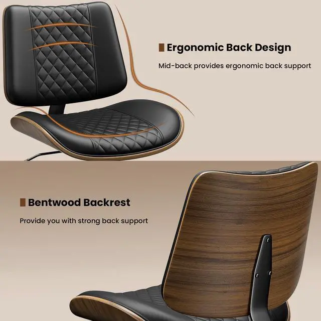 Alt view image 4 of 7 - Armless Office Chair, Mid Century Modern Desk Chair with Walnut Wood Back & SGS Level 3 Gas Lift, Swivel PU Leather Computer Chair for Small Space, Home Office, Bedroom, 300lbs Cap, Black