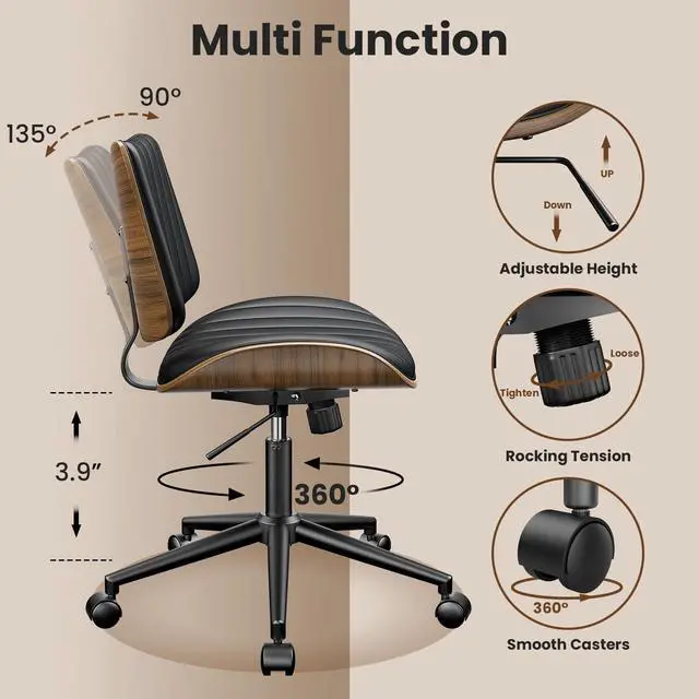 Alt view image 3 of 7 - Armless Office Chair, Mid Century Modern Desk Chair with Walnut Wood Back & SGS Level 3 Gas Lift, Swivel PU Leather Computer Chair for Small Space, Home Office, Bedroom, 300lbs Cap, Black