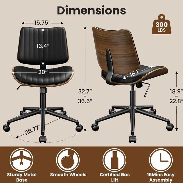 Alt view image 2 of 7 - Armless Office Chair, Mid Century Modern Desk Chair with Walnut Wood Back & SGS Level 3 Gas Lift, Swivel PU Leather Computer Chair for Small Space, Home Office, Bedroom, 300lbs Cap, Black