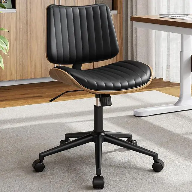 Main image of Armless Office Chair, Mid Century Modern Desk Chair with Walnut Wood Back & SGS Level 3 Gas Lift, Swivel PU Leather Computer Chair for Small Space, Home Office, Bedroom, 300lbs Cap, Black