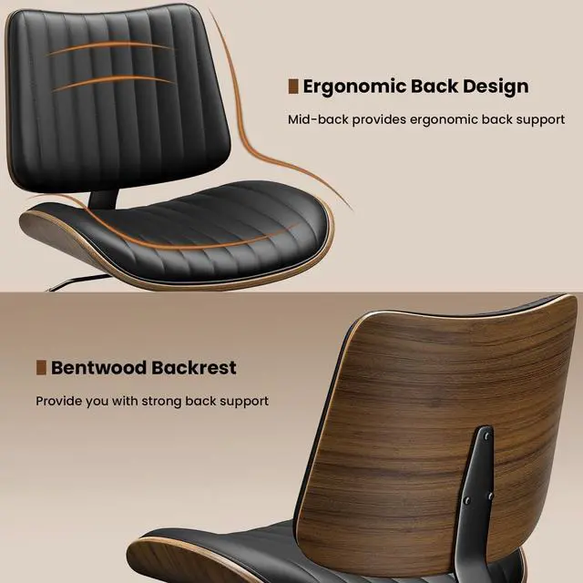 Alt view image 4 of 7 - Armless Office Chair, Mid Century Modern Desk Chair with Walnut Wood Back & SGS Level 3 Gas Lift, Swivel PU Leather Computer Chair for Small Space, Home Office, Bedroom, 300lbs Cap, Black