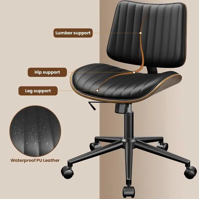 Alt view image 5 of 7 - Armless Office Chair, Mid Century Modern Desk Chair with Walnut Wood Back & SGS Level 3 Gas Lift, Swivel PU Leather Computer Chair for Small Space, Home Office, Bedroom, 300lbs Cap, Black