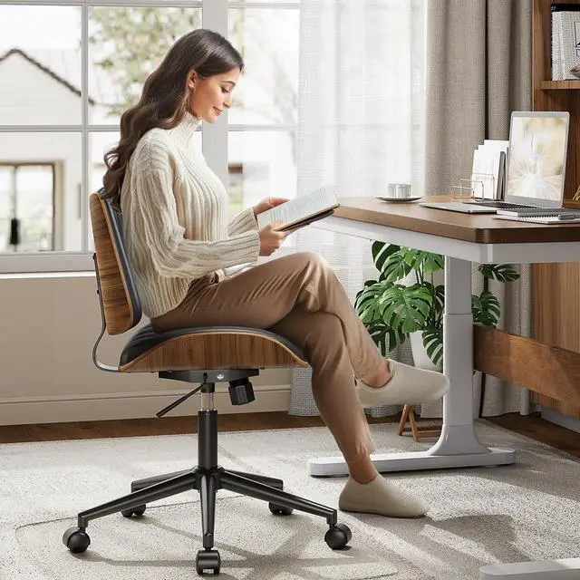 Alt view image 7 of 7 - Armless Office Chair, Mid Century Modern Desk Chair with Walnut Wood Back & SGS Level 3 Gas Lift, Swivel PU Leather Computer Chair for Small Space, Home Office, Bedroom, 300lbs Cap, Black