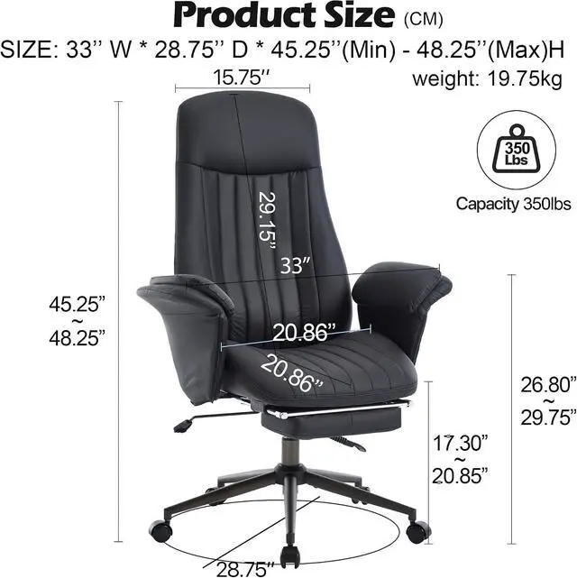 Alt view image 2 of 7 - Home Office Desk Chair with Foot Rest, High Back Office Ergonomic Computer Chair with Lumbar Support Adjustable Height Rolling Swivel Chair Executive Task Armrests(Black)