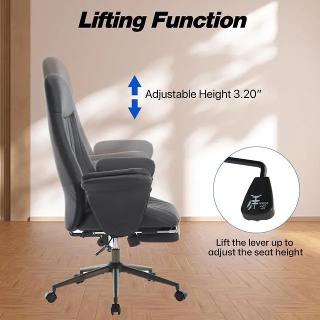 Alt view image 6 of 7 - Home Office Desk Chair with Foot Rest, High Back Office Ergonomic Computer Chair with Lumbar Support Adjustable Height Rolling Swivel Chair Executive Task Armrests(Black)