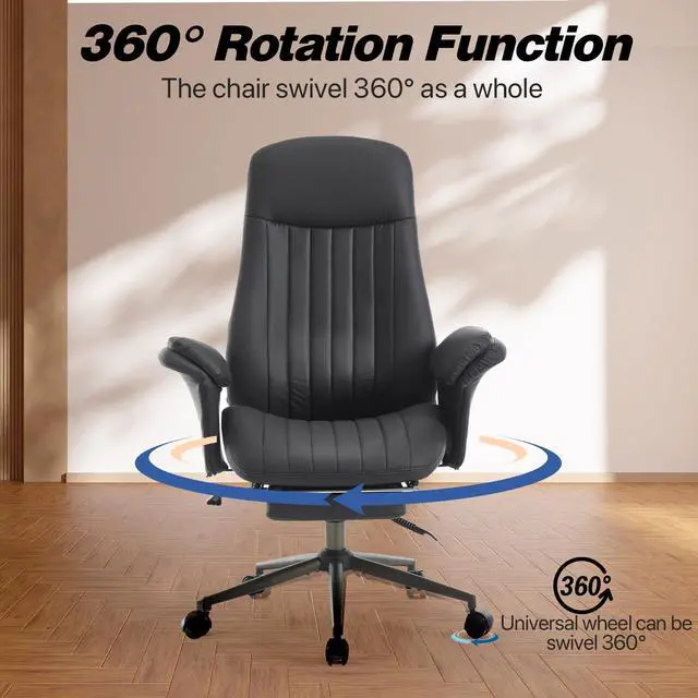 Alt view image 5 of 7 - Home Office Desk Chair with Foot Rest, High Back Office Ergonomic Computer Chair with Lumbar Support Adjustable Height Rolling Swivel Chair Executive Task Armrests(Black)