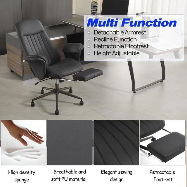 Alt view image 7 of 7 - Home Office Desk Chair with Foot Rest, High Back Office Ergonomic Computer Chair with Lumbar Support Adjustable Height Rolling Swivel Chair Executive Task Armrests(Black)