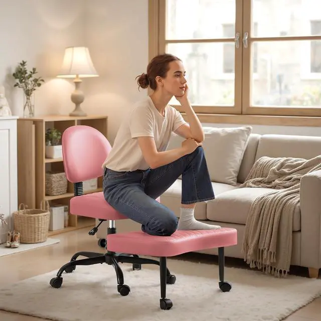Main image of Ergonomic Cross Legged Office Desk Chair with Wheels, 360° Swivel and Adjustable Height for Meditation and ADHD,Criss Cross Kneeling Chair with Lumbar Support (Leather, Pink)