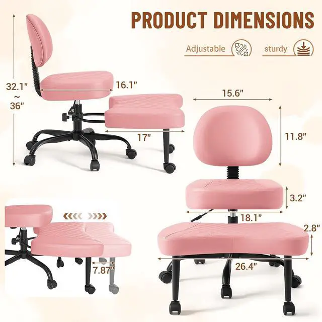 Alt view image 2 of 7 - Ergonomic Cross Legged Office Desk Chair with Wheels, 360° Swivel and Adjustable Height for Meditation and ADHD,Criss Cross Kneeling Chair with Lumbar Support (Leather, Pink)