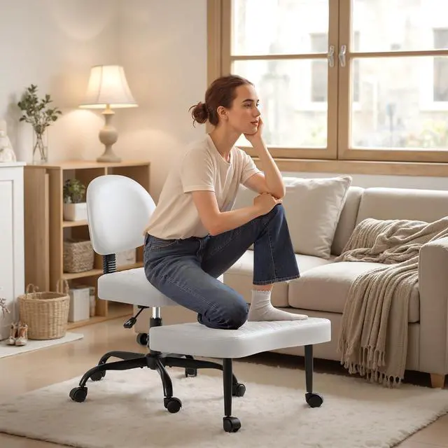 Main image of Ergonomic Cross Legged Office Desk Chair with Wheels, 360° Swivel and Adjustable Height for Meditation and ADHD,Criss Cross Kneeling Chair with Lumbar Support (Leather, White)