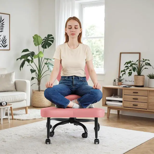 Alt view image 7 of 7 - Ergonomic Cross Legged Office Desk Chair with Wheels, 360° Swivel and Adjustable Height for Meditation and ADHD,Criss Cross Kneeling Chair with Lumbar Support (Leather, Pink)