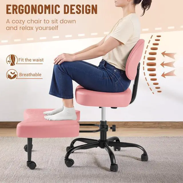 Alt view image 4 of 7 - Ergonomic Cross Legged Office Desk Chair with Wheels, 360° Swivel and Adjustable Height for Meditation and ADHD,Criss Cross Kneeling Chair with Lumbar Support (Leather, Pink)