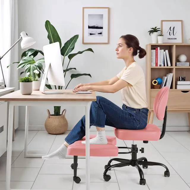 Alt view image 6 of 7 - Ergonomic Cross Legged Office Desk Chair with Wheels, 360° Swivel and Adjustable Height for Meditation and ADHD,Criss Cross Kneeling Chair with Lumbar Support (Leather, Pink)