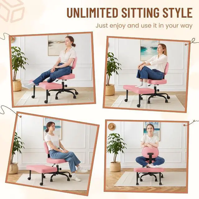 Alt view image 3 of 7 - Ergonomic Cross Legged Office Desk Chair with Wheels, 360° Swivel and Adjustable Height for Meditation and ADHD,Criss Cross Kneeling Chair with Lumbar Support (Leather, Pink)