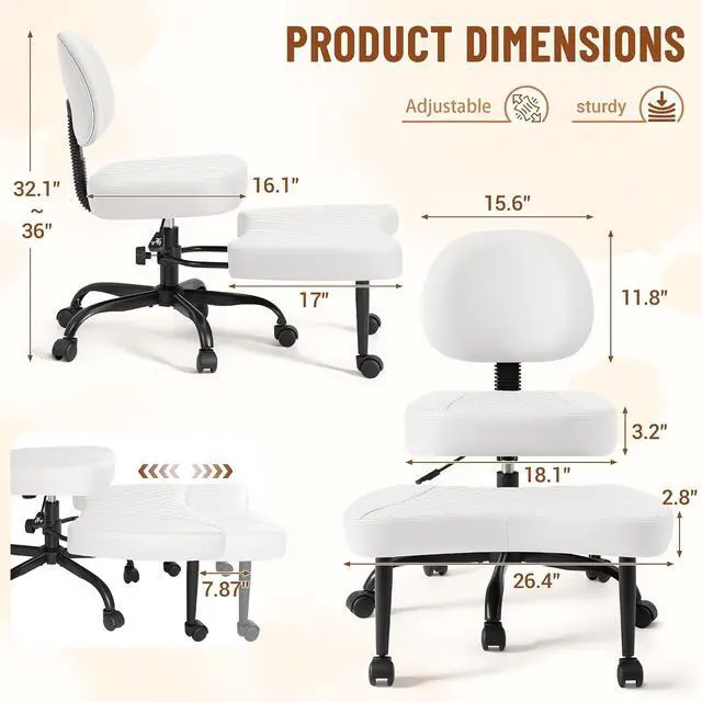 Alt view image 2 of 7 - Ergonomic Cross Legged Office Desk Chair with Wheels, 360° Swivel and Adjustable Height for Meditation and ADHD,Criss Cross Kneeling Chair with Lumbar Support (Leather, White)