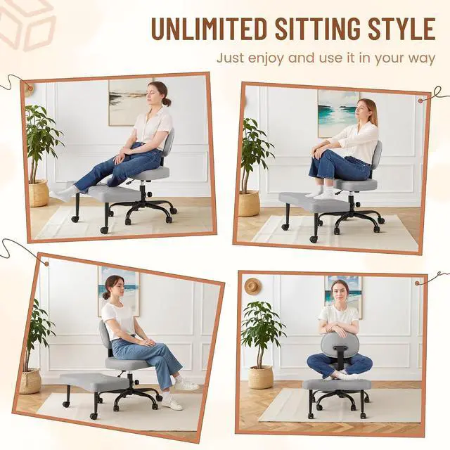 Alt view image 3 of 13 - Ergonomic Cross Legged Office Desk Chair with Wheels, 360° Swivel and Adjustable Height for Meditation and ADHD,Criss Cross Kneeling Chair with Lumbar Support (Leather, Grey)