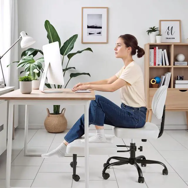 Alt view image 6 of 7 - Ergonomic Cross Legged Office Desk Chair with Wheels, 360° Swivel and Adjustable Height for Meditation and ADHD,Criss Cross Kneeling Chair with Lumbar Support (Leather, White)