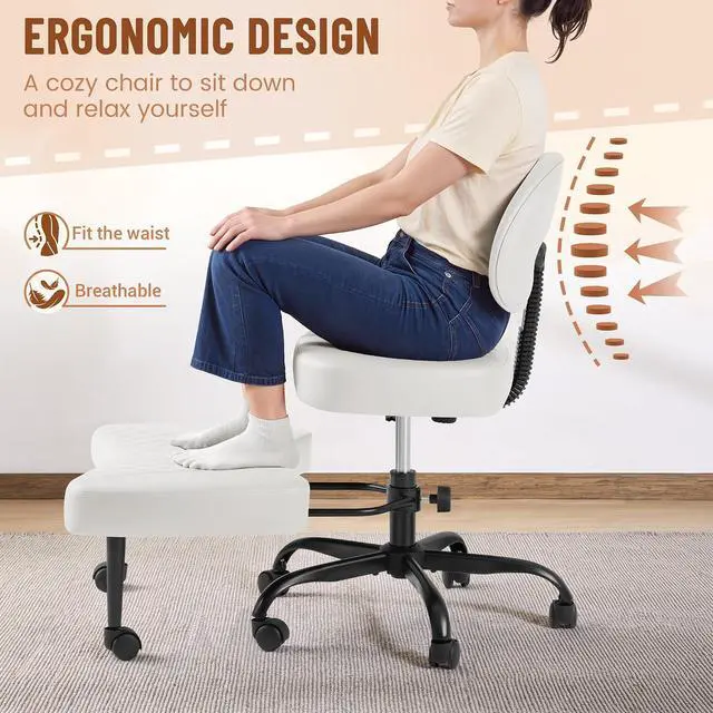 Alt view image 4 of 7 - Ergonomic Cross Legged Office Desk Chair with Wheels, 360° Swivel and Adjustable Height for Meditation and ADHD,Criss Cross Kneeling Chair with Lumbar Support (Leather, White)