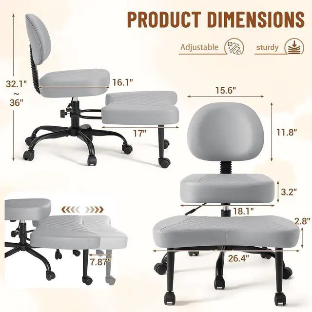 Alt view image 2 of 13 - Ergonomic Cross Legged Office Desk Chair with Wheels, 360° Swivel and Adjustable Height for Meditation and ADHD,Criss Cross Kneeling Chair with Lumbar Support (Leather, Grey)