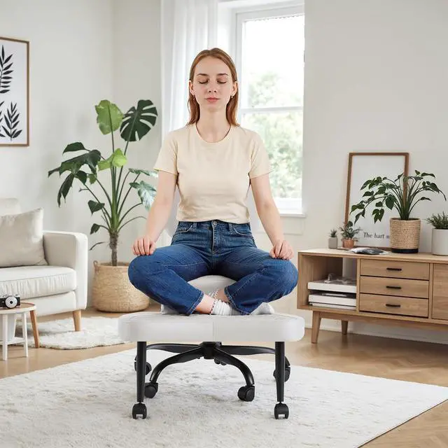 Alt view image 7 of 7 - Ergonomic Cross Legged Office Desk Chair with Wheels, 360° Swivel and Adjustable Height for Meditation and ADHD,Criss Cross Kneeling Chair with Lumbar Support (Leather, White)