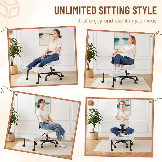 Alt view image 3 of 7 - Ergonomic Cross Legged Office Desk Chair with Wheels, 360° Swivel and Adjustable Height for Meditation and ADHD,Criss Cross Kneeling Chair with Lumbar Support (Leather, White)