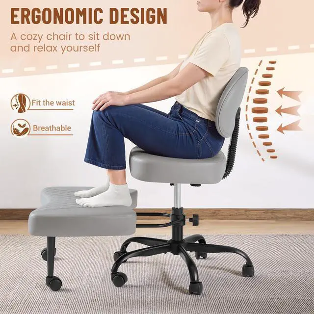 Alt view image 4 of 13 - Ergonomic Cross Legged Office Desk Chair with Wheels, 360° Swivel and Adjustable Height for Meditation and ADHD,Criss Cross Kneeling Chair with Lumbar Support (Leather, Grey)