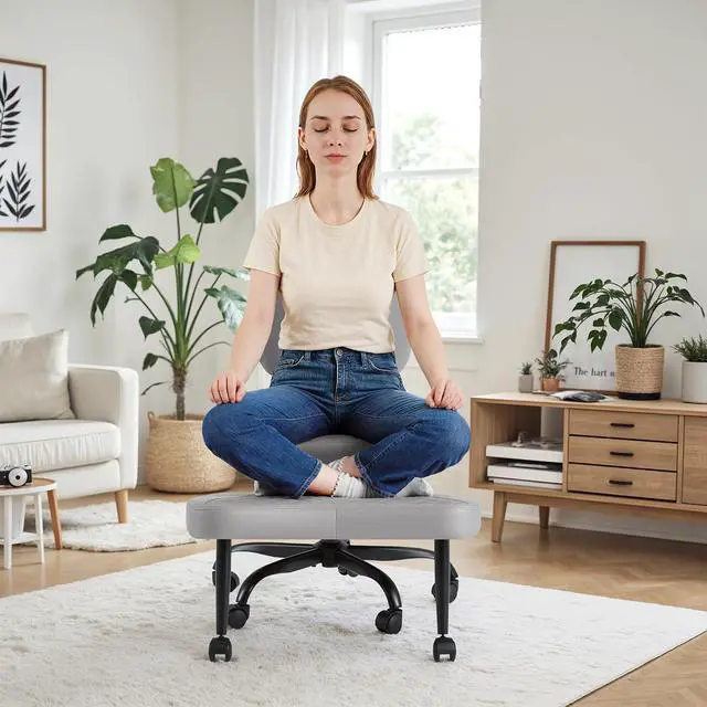 Alt view image 7 of 13 - Ergonomic Cross Legged Office Desk Chair with Wheels, 360° Swivel and Adjustable Height for Meditation and ADHD,Criss Cross Kneeling Chair with Lumbar Support (Leather, Grey)