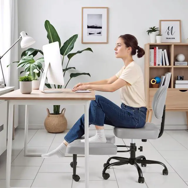 Alt view image 6 of 13 - Ergonomic Cross Legged Office Desk Chair with Wheels, 360° Swivel and Adjustable Height for Meditation and ADHD,Criss Cross Kneeling Chair with Lumbar Support (Leather, Grey)